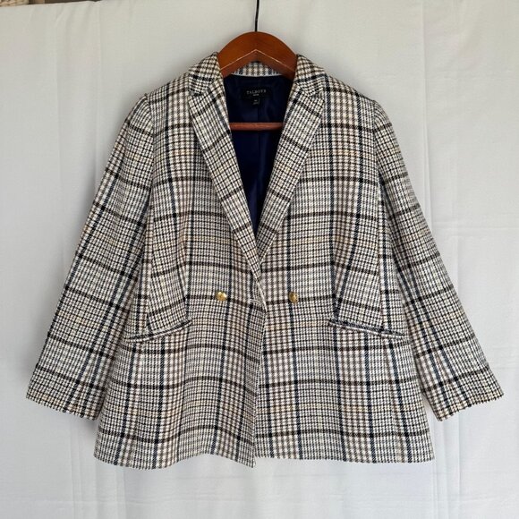 Talbots Petite Brown Ivory Blue Plaid Gold Double Breasted Blazer Size 16 Petite - Picture 6 of 15